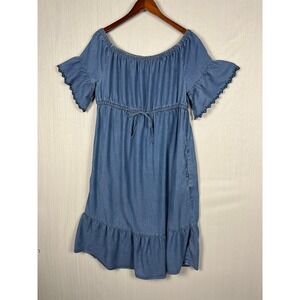 Off Shoulder Peasant Maternity Dress Sz M Gap Blue Woven Embroidered Cottagecore